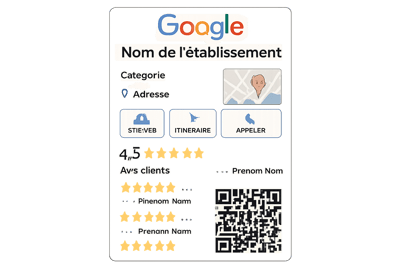 Illustration d’une fiche Google Business optimisée avec des avis clients et un QR code.