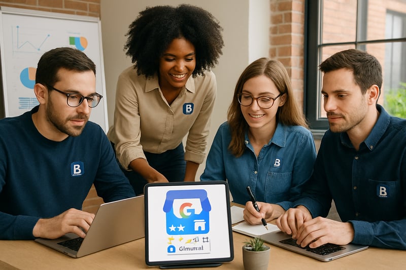 Équipe AlphaB travaillant sur l’optimisation d’une fiche Google Business Profile